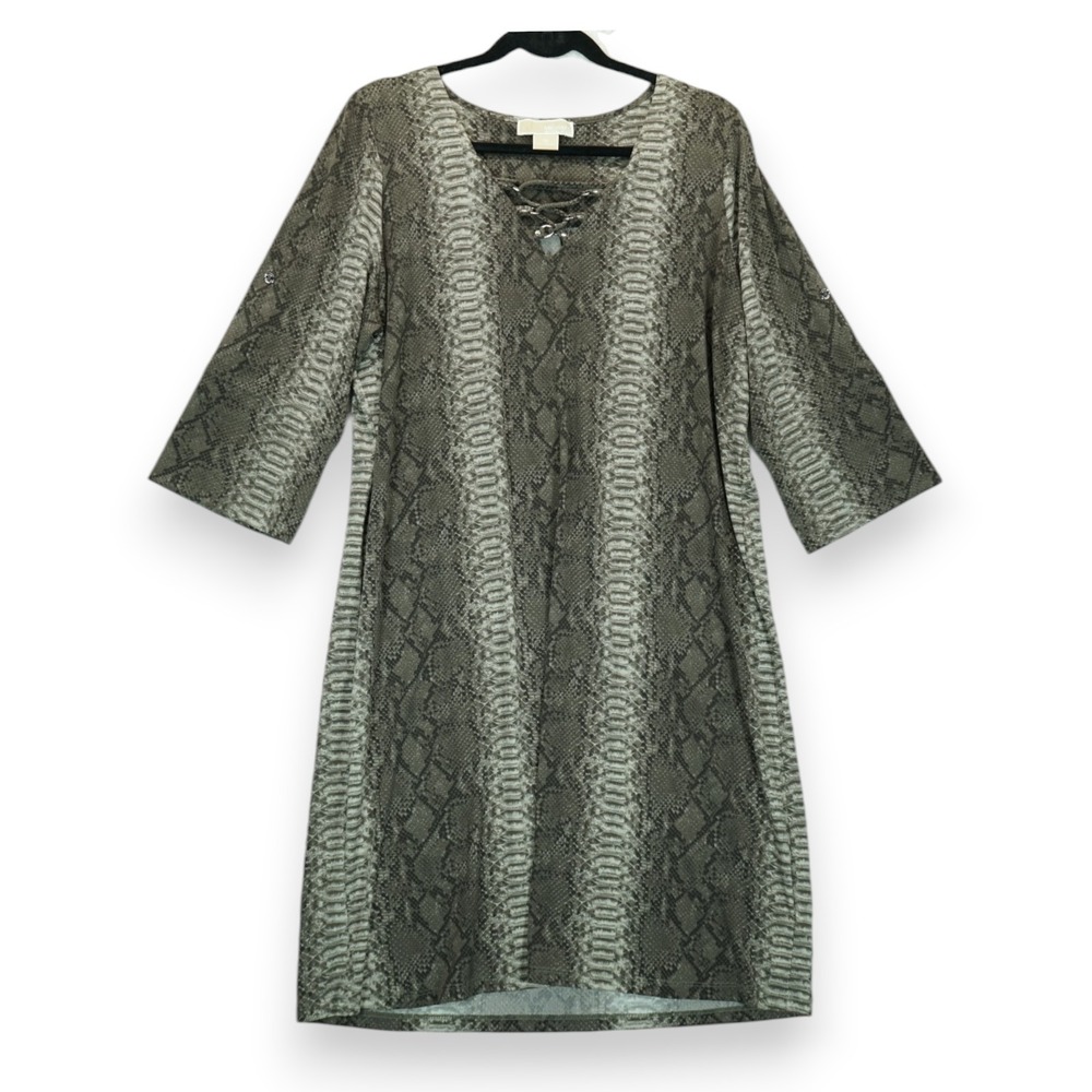 Michael Kors Shift Dress Snakeskin Print 3/4‎ Sleeves Stretch Belted ~ Size 1X